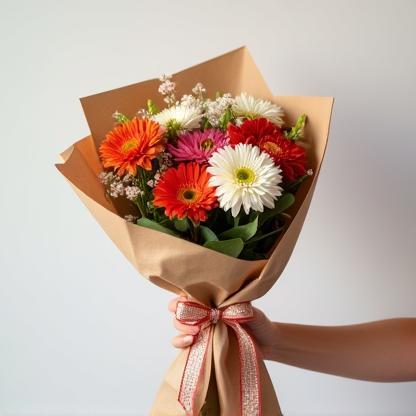 Hand holding a beautifully wrapped bouquet in kraft paper and ribbon