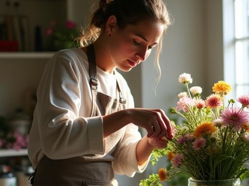 A florist carefully arranging a bouquet in a sunlit workshop in Manchester